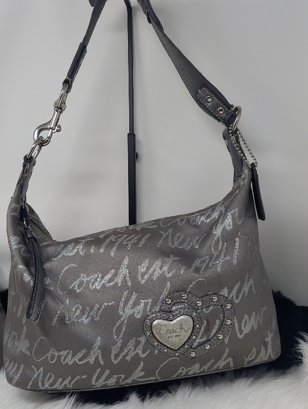 Coach Poppy Lurex Gray Script Heart Shoulder Bag